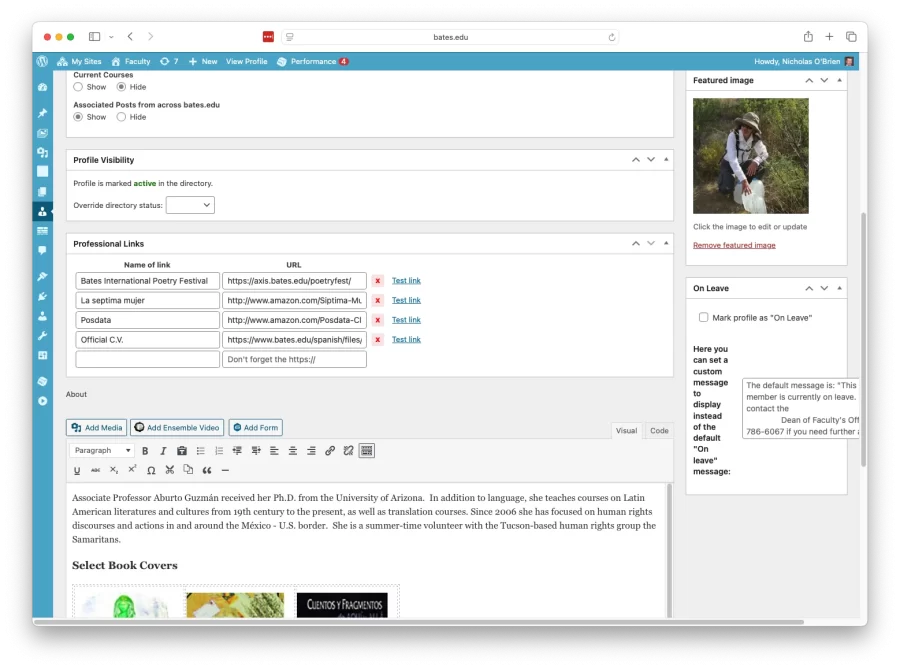 A look at the web editor for Faculty Profiles.